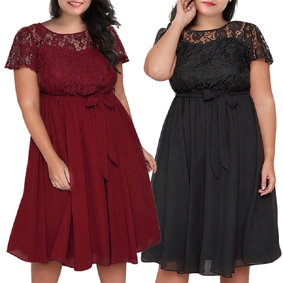 Women′s Scooped Neckline Floral Lace Overlay Top Pleated Skirt A-Line Plus Size Knee Length Formal Cocktail Party MIDI Dress Esg13618