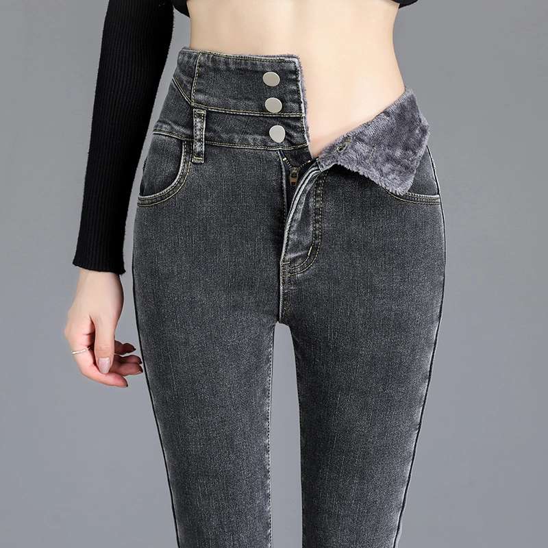 Warm Jeans Woman High Waist Casual Velvet Ladies Trousers for Plus Size