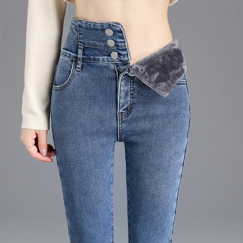 Warm Jeans Woman High Waist Casual Velvet Ladies Trousers for Plus Size