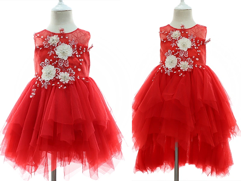 2-10t Red Flower Girls Dress Little Kids Lace Party Wedding Princess Tutu Dresses for Children