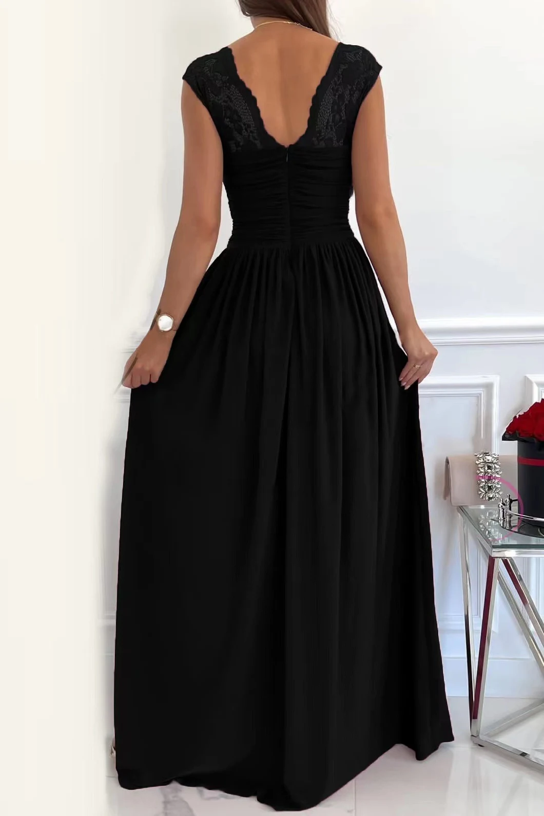 Fashion Slim Backlless Open Fork Hem Dresses Ladies Formal Elegant V Neck Sleeveless Maxi Dress