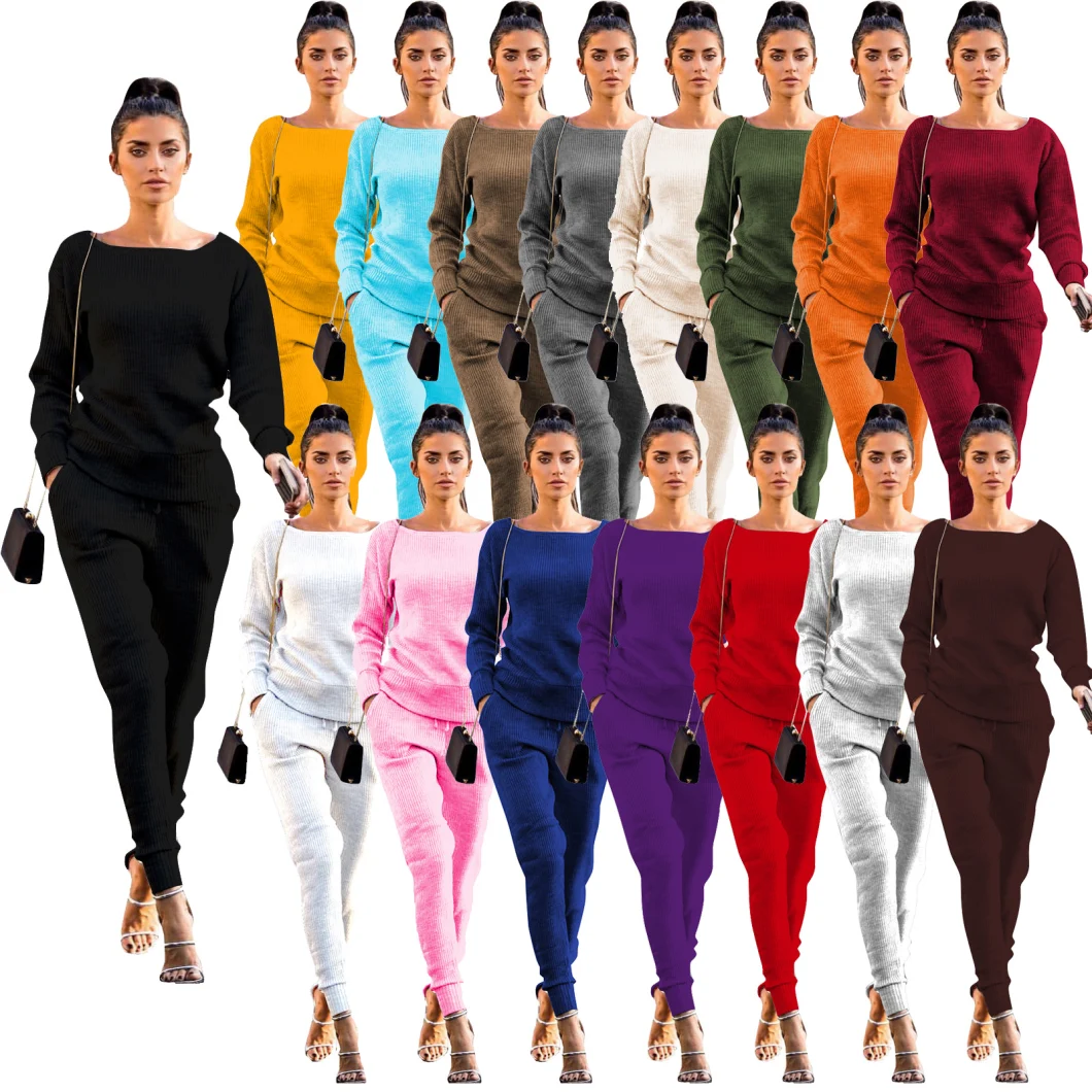 Womens Fall Rib-Knit Pullover Sweater Top & Long Pants Set 2 Piece Outfits Tracksuit